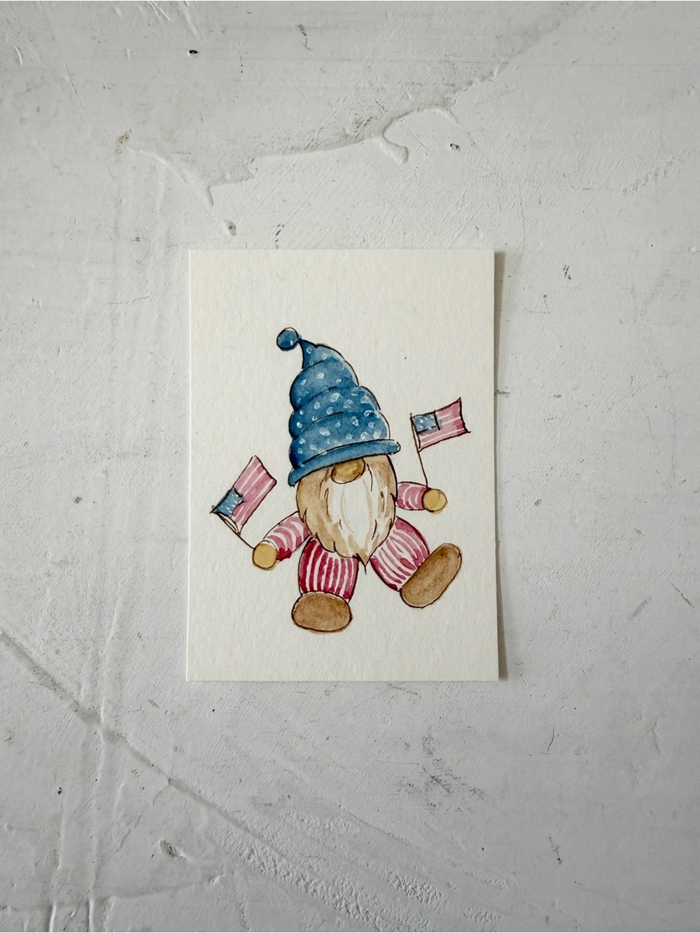 ACEO Original Watercolor Painting Gnome USA 4th of July Independence Day